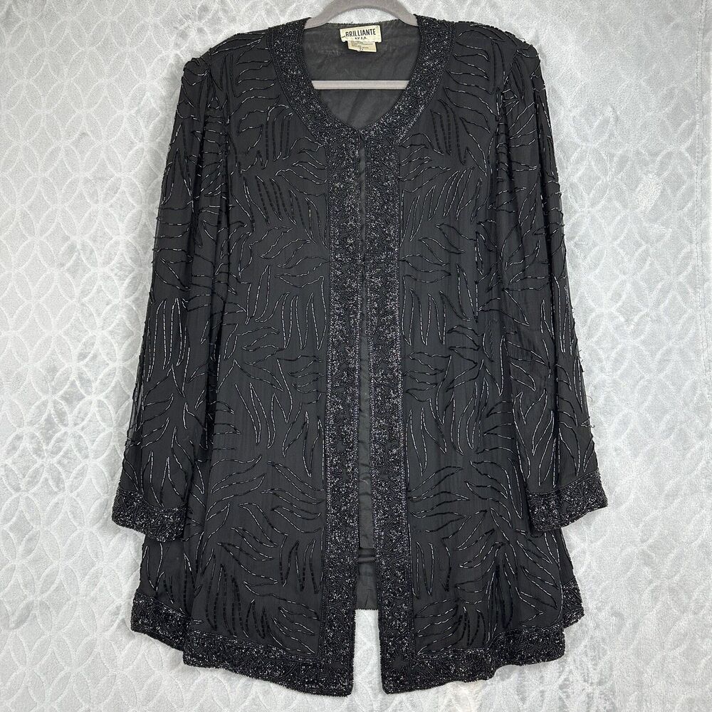 Vtg 80s Silk Duster Jacket Women 2X Black Bead Party Art Deco Goth 1920s Flapper